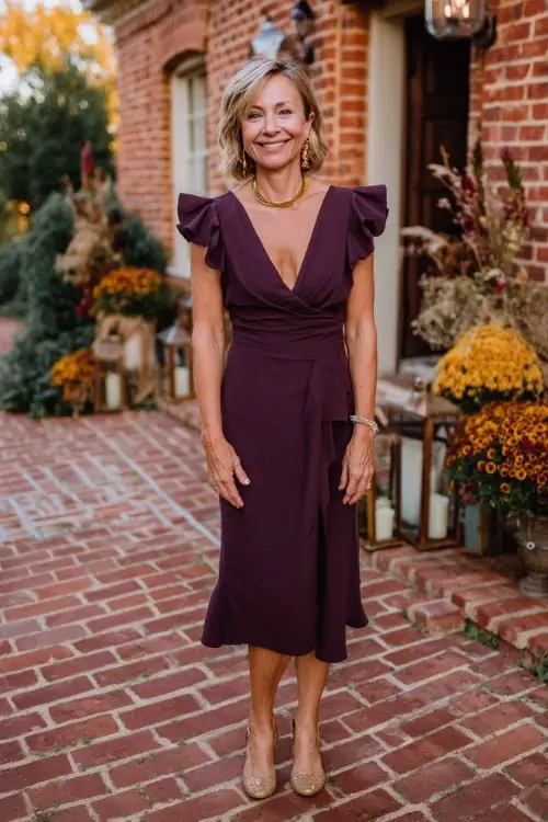 Woman over 50 in a deep plum midi dress with flutter sleeves and gold accessories, posing in front of a brick wedding venue decorated with lanterns and fall florals 