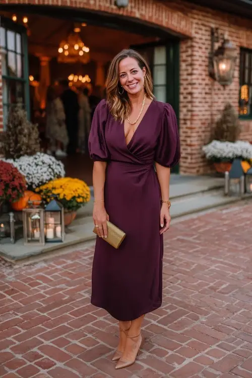 Woman over 50 in a deep plum midi dress with flutter sleeves and gold accessories, posing in front of a brick wedding venue decorated with lanterns and fall florals 