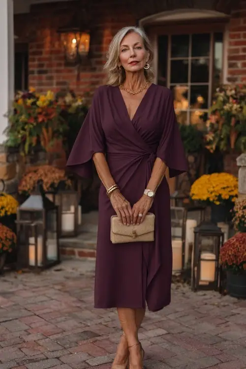 Woman over 50 in a deep plum midi dress with flutter sleeves and gold accessories, posing in front of a brick wedding venue decorated with lanterns and fall florals