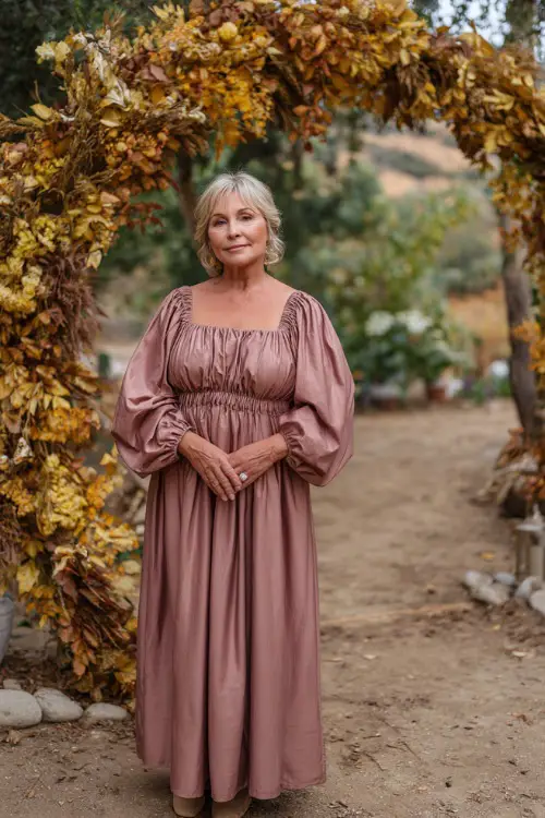 Woman over 50 in a dusty rose A-line midi dress with gathered waist and square neckline, standing beside a fall wedding arch wrapped in golden leaves 