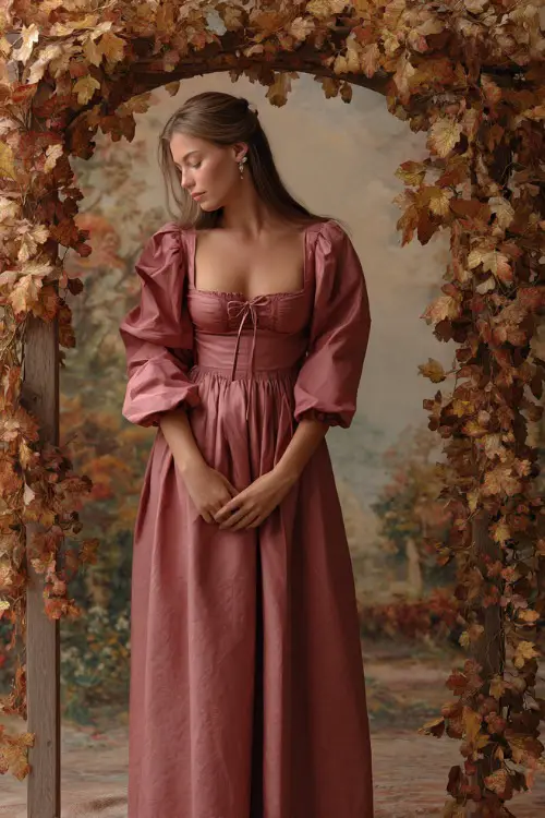 Woman over 50 in a dusty rose A-line midi dress with gathered waist and square neckline, standing beside a fall wedding arch wrapped in golden leaves 
