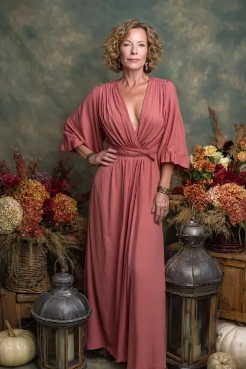 Woman over 50 in a dusty rose midi dress with empire waist and flutter sleeves, standing beside fall floral arrangements and vintage lanterns, full body visible 