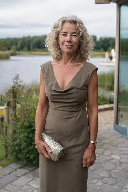 Woman over 50 in a fitted olive midi dress with subtle ruffles and metallic clutch, standing at a lakeside wedding venue in September 