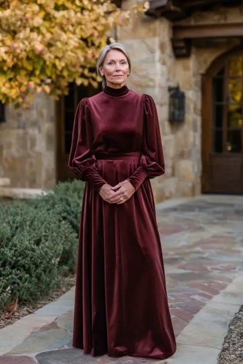 Woman over 50 in a floor-length burgundy gown with long sleeves and a high neckline, standing near an elegant stone wedding venue surrounded by golden leaves
