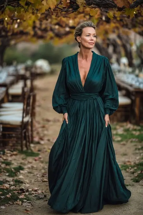 Woman over 50 in a floor-length dark green gown with pleated skirt and cinched waist, standing near a romantic vineyard ceremony setup in fall 