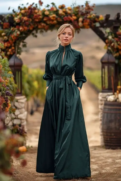 Woman over 50 in a floor-length dark green gown with pleated skirt and cinched waist, standing near a romantic vineyard ceremony setup in fall 