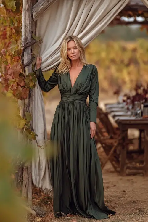 Woman over 50 in a floor-length dark green gown with pleated skirt and cinched waist, standing near a romantic vineyard ceremony setup in fall