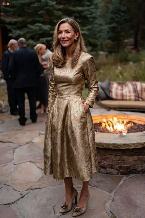 Woman over 50 in a gold jacquard midi dress with long sleeves and vintage-style heels, standing beside a firepit at a cozy fall wedding reception