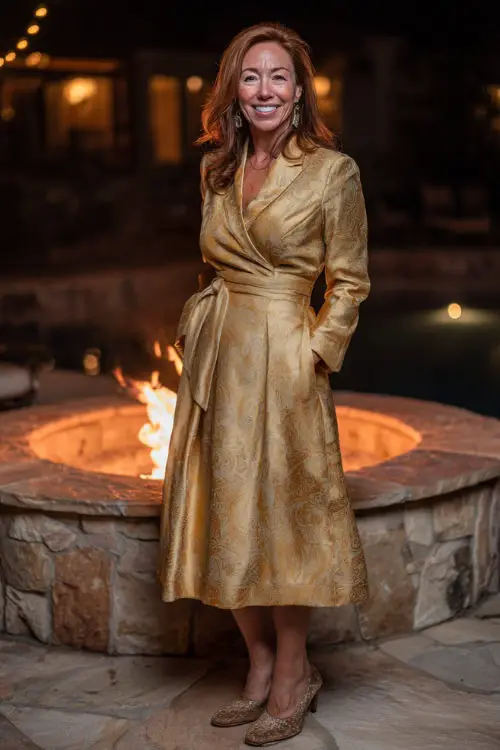 Woman over 50 in a gold jacquard midi dress with long sleeves and vintage-style heels, standing beside a firepit at a cozy fall wedding reception 