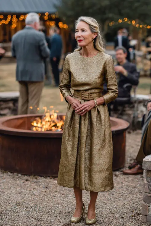 Woman over 50 in a gold jacquard midi dress with long sleeves and vintage-style heels, standing beside a firepit at a cozy fall wedding reception