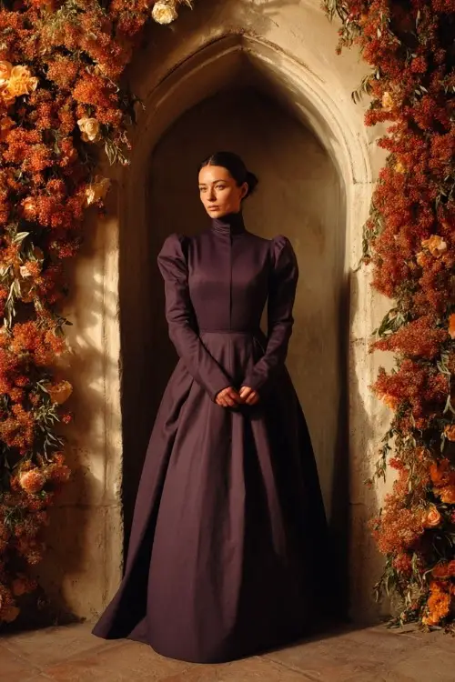 Woman over 50 in a high-neck aubergine gown with structured skirt and long sleeves, standing by an archway of orange and red florals in golden hour light
