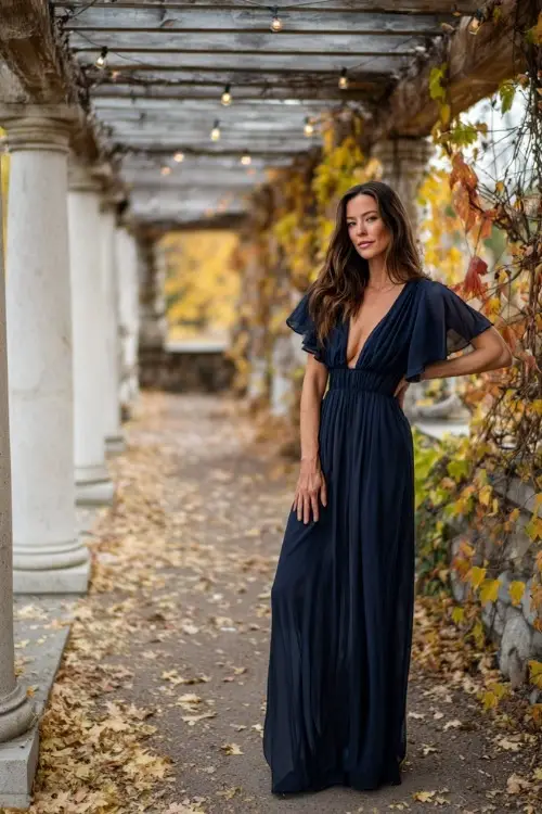 Woman over 50 in a navy chiffon maxi dress with a V-neckline and flutter sleeves, posing under a string-lit pergola with falling autumn leaves, full body 