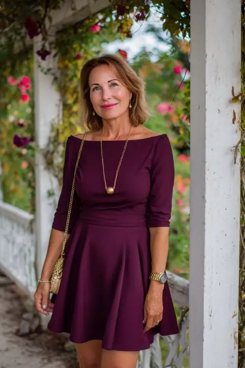 Woman over 50 in a plum-colored fit-and-flare dress with boat neckline and gold accessories, standing near a white pergola decorated with September fall florals 