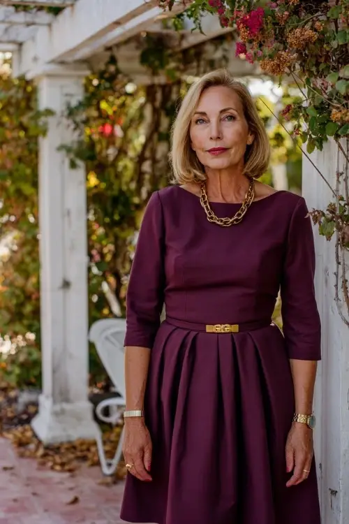 Woman over 50 in a plum-colored fit-and-flare dress with boat neckline and gold accessories, standing near a white pergola decorated with September fall florals
