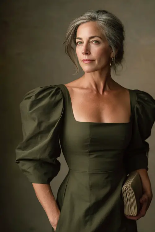 Woman over 50 in a refined forest green midi dress with a square neckline, puff sleeves, and structured clutch, standing in a neutral-toned studio