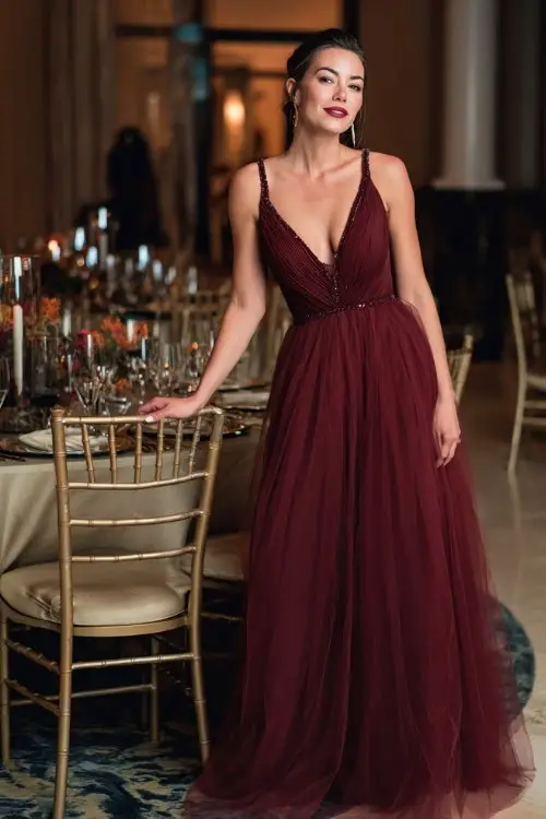 Woman over 50 in a rich burgundy gown with flowing tulle skirt and embellished neckline, posing beside elegant banquet tables set for a fall wedding 