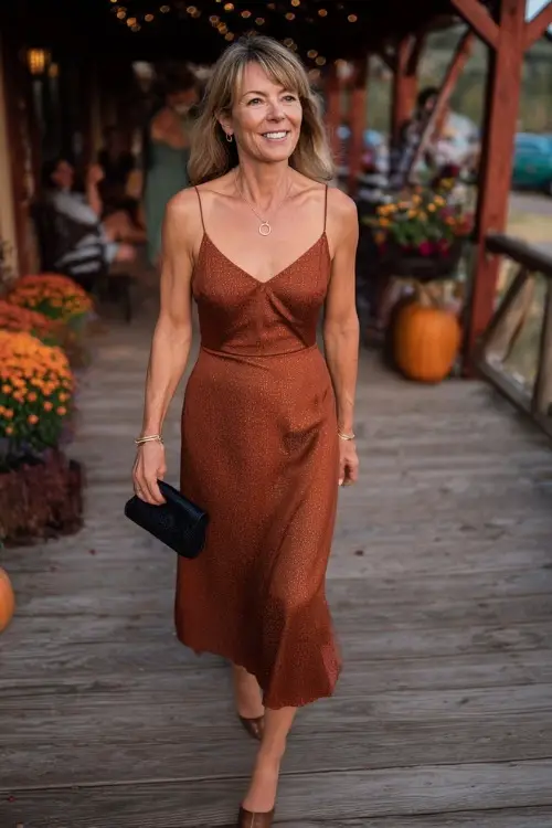 Woman over 50 in a rust-colored midi dress with subtle shimmer and clutch, walking past a wooden deck venue with pumpkins and florals