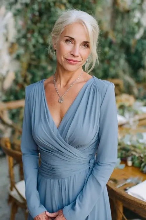 Woman over 50 in a slate blue long sleeve pleated dress with wrap detail and silver necklace, standing near wedding seating decorated with greenery