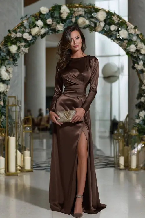 Woman over 50 in a sleek mocha brown satin gown with side slit and long sleeves, posing with a matching clutch and heels near a luxurious wedding arch 