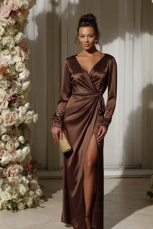 Woman over 50 in a sleek mocha brown satin gown with side slit and long sleeves, posing with a matching clutch and heels near a luxurious wedding arch