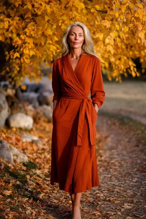 Woman over 50 wearing a burnt orange long-sleeve wrap dress with a sash belt, standing under golden autumn trees with leaves on the ground 