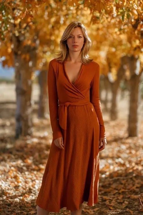 Woman over 50 wearing a burnt orange long-sleeve wrap dress with a sash belt, standing under golden autumn trees with leaves on the ground 