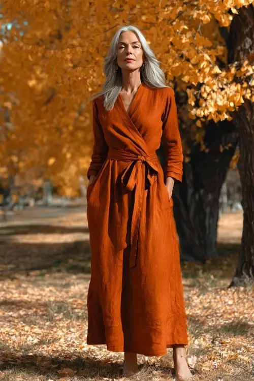 Woman over 50 wearing a burnt orange long-sleeve wrap dress with a sash belt, standing under golden autumn trees with leaves on the ground