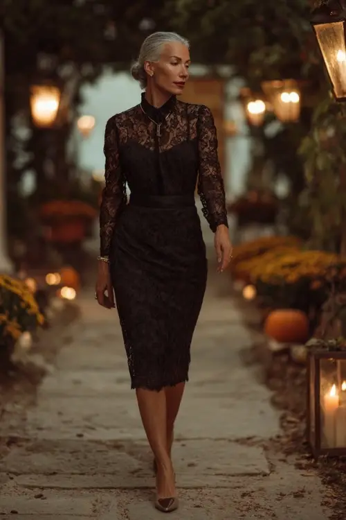 Woman over 50 wearing a classic black lace long-sleeve midi dress and pointed toe heels, walking through a candle-lit pathway with autumn decor 