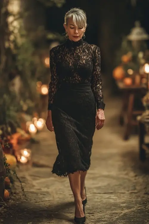 Woman over 50 wearing a classic black lace long-sleeve midi dress and pointed toe heels, walking through a candle-lit pathway with autumn decor 