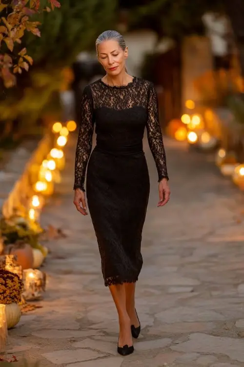 Woman over 50 wearing a classic black lace long-sleeve midi dress and pointed toe heels, walking through a candle-lit pathway with autumn decor 