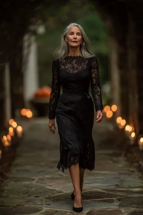 Woman over 50 wearing a classic black lace long-sleeve midi dress and pointed toe heels, walking through a candle-lit pathway with autumn decor