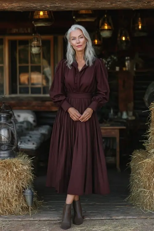 Woman over 50 wearing a maroon long-sleeve midi dress with pleated skirt and block heels, standing in front of a cozy lodge with hay bales and lanterns 