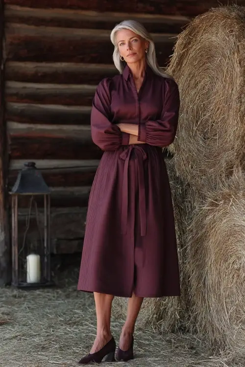 Woman over 50 wearing a maroon long-sleeve midi dress with pleated skirt and block heels, standing in front of a cozy lodge with hay bales and lanterns 