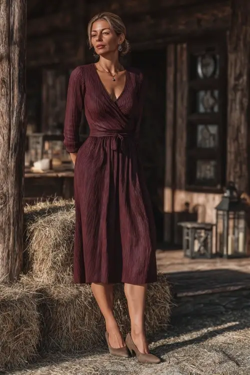 Woman over 50 wearing a maroon long-sleeve midi dress with pleated skirt and block heels, standing in front of a cozy lodge with hay bales and lanterns