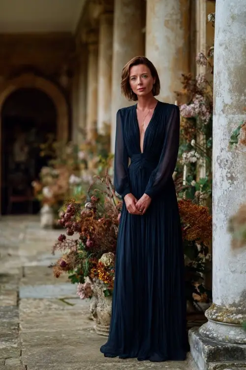 Woman over 50 wearing a midnight blue gown with full-length sleeves and flowing chiffon layers, standing in a grand hallway with autumn florals 