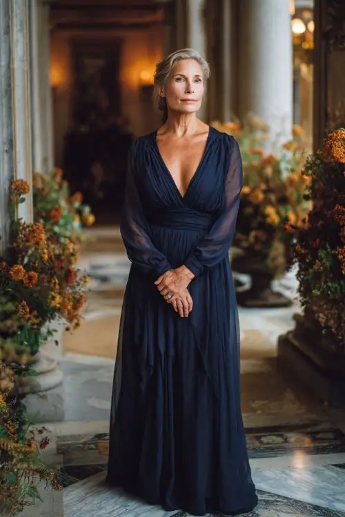 Woman over 50 wearing a midnight blue gown with full-length sleeves and flowing chiffon layers, standing in a grand hallway with autumn florals