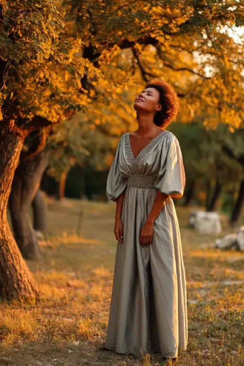 Woman over 50 wearing a silver-grey floor-length dress with beaded bodice and sheer sleeves, standing under a canopy of golden trees at sunset