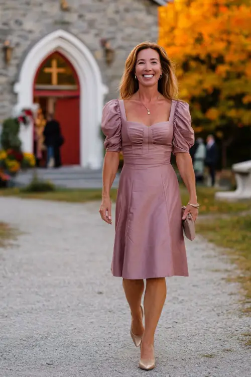 Woman over 50 wearing a soft mauve fit-and-flare dress with square neckline and closed-toe heels, walking in front of a wedding chapel with warm fall colors 
