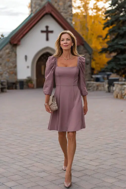 Woman over 50 wearing a soft mauve fit-and-flare dress with square neckline and closed-toe heels, walking in front of a wedding chapel with warm fall colors 