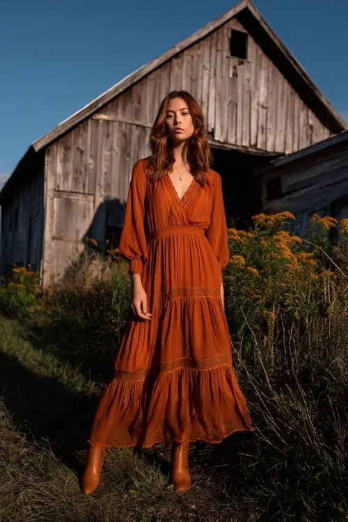 Woman wearing a burnt orange tiered maxi dress with long sheer sleeves and ankle boots, posing in front of a rustic barn decorated with soft September sunlight and wildflowers 