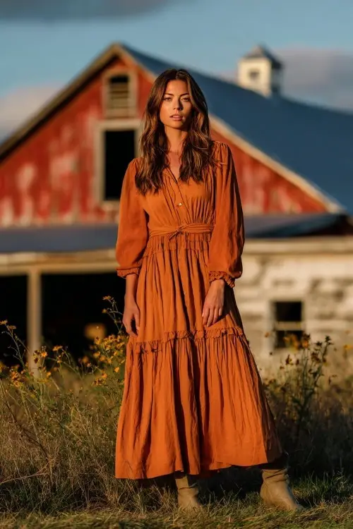 Woman wearing a burnt orange tiered maxi dress with long sheer sleeves and ankle boots, posing in front of a rustic barn decorated with soft September sunlight and wildflowers 