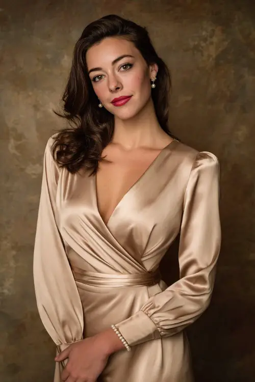 Woman wearing a champagne-colored long-sleeve satin wrap dress with structured shoulders, styled with vintage earrings and a pearl bracelet