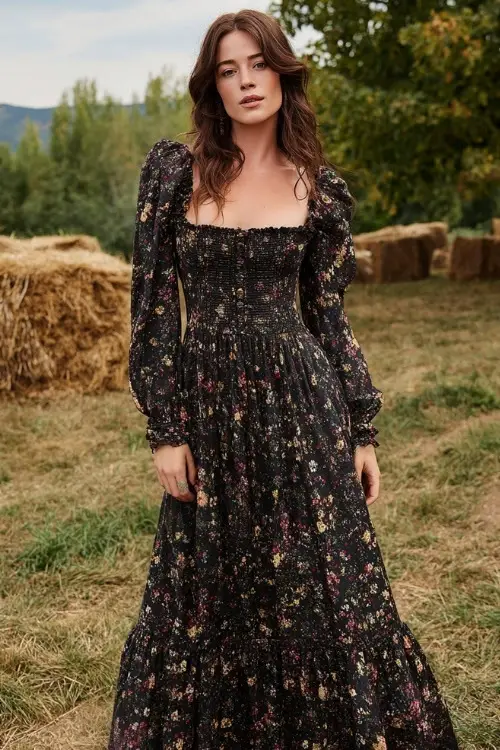 Woman wearing a dark floral print maxi dress with smocked long sleeves and square neckline, standing at a countryside wedding venue with hay bale seating and maple trees 