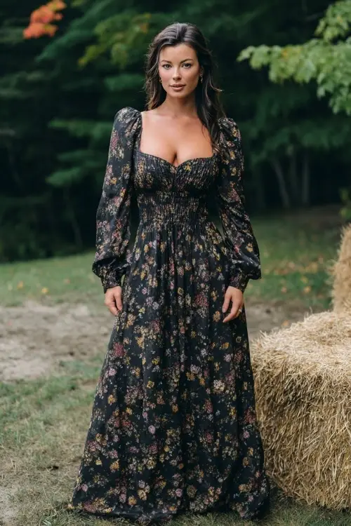 Woman wearing a dark floral print maxi dress with smocked long sleeves and square neckline, standing at a countryside wedding venue with hay bale seating and maple trees 