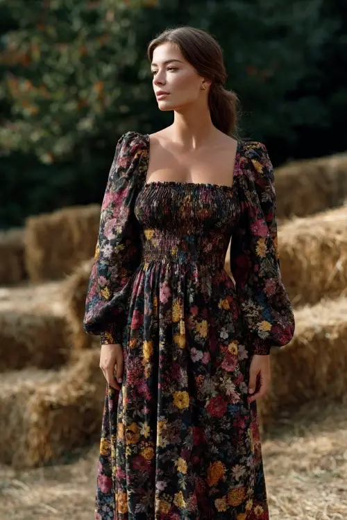 Woman wearing a dark floral print maxi dress with smocked long sleeves and square neckline, standing at a countryside wedding venue with hay bale seating and maple trees