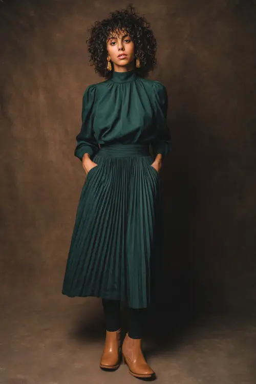Woman wearing a dark green long-sleeve midi dress with a high neckline and pleated skirt, accessorized with gold earrings and tan loafers, full-body studio portrait 