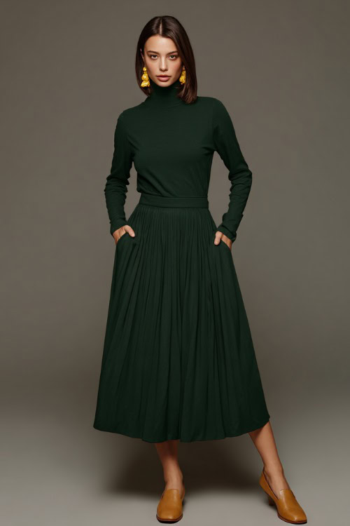 Woman wearing a dark green long-sleeve midi dress with a high neckline and pleated skirt, accessorized with gold earrings and tan loafers, full-body studio portrait