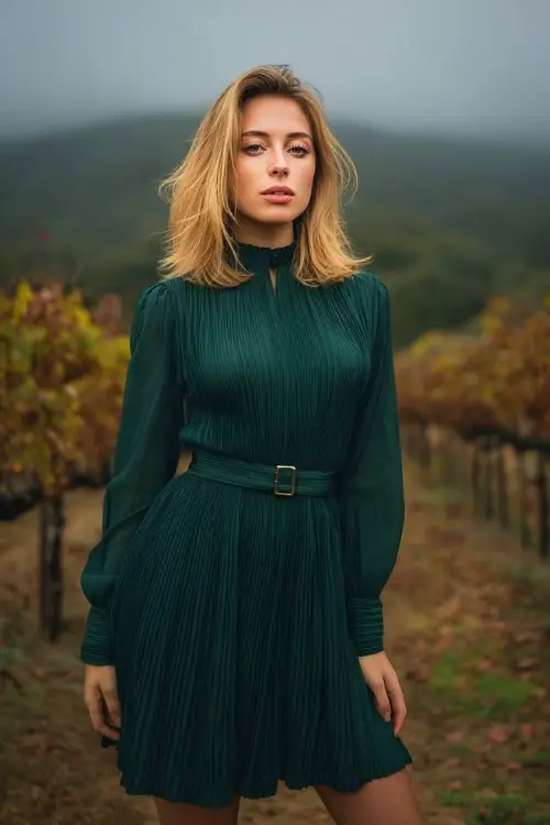 Woman wearing a forest green long sleeve pleated dress with a high neckline and belt detail, posing at a late autumn vineyard with foggy hills in the background