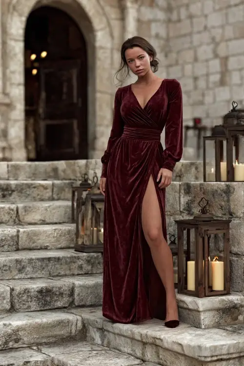 Woman wearing a long sleeve burgundy wrap gown with side slit and velvet texture, standing on stone steps outside a historic venue with flickering candle lanterns 