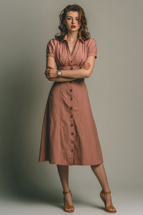 Woman wearing a muted rose tea-length dress with buttons down the front, round collar, tan heeled sandals, and vintage watch, minimalist studio background
